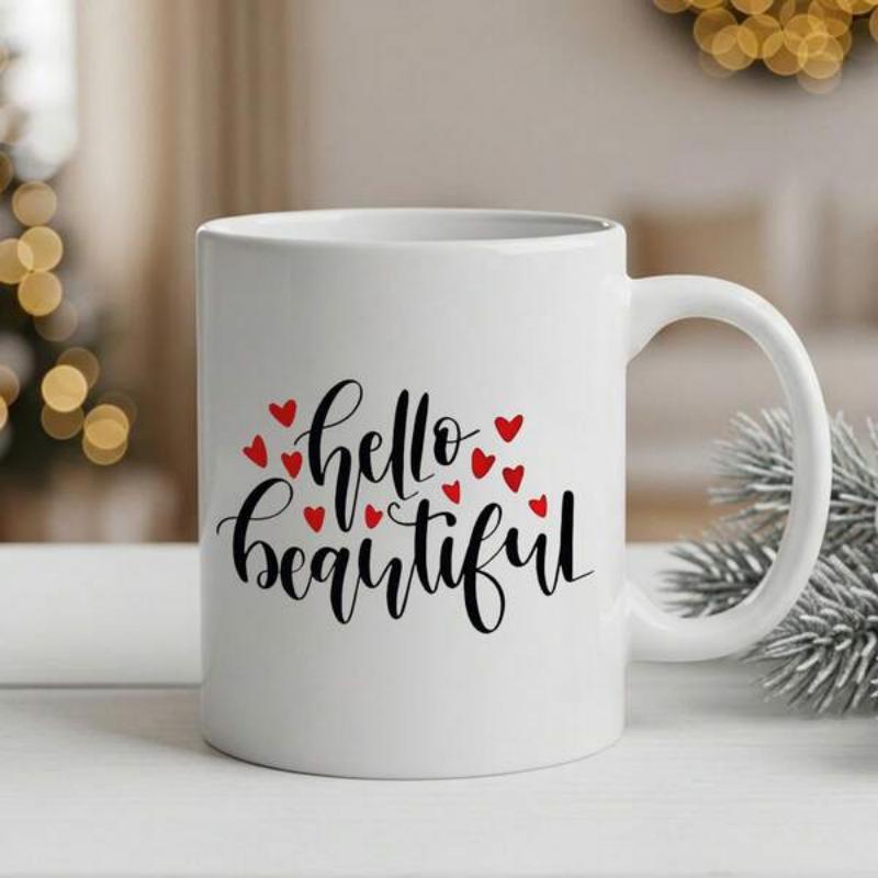 Tailorly White Ceramic 11 oz Mug - Hello Beautiful Minimalist Red Hearts Floating Around Elegant Script Style Calligraphy Heart