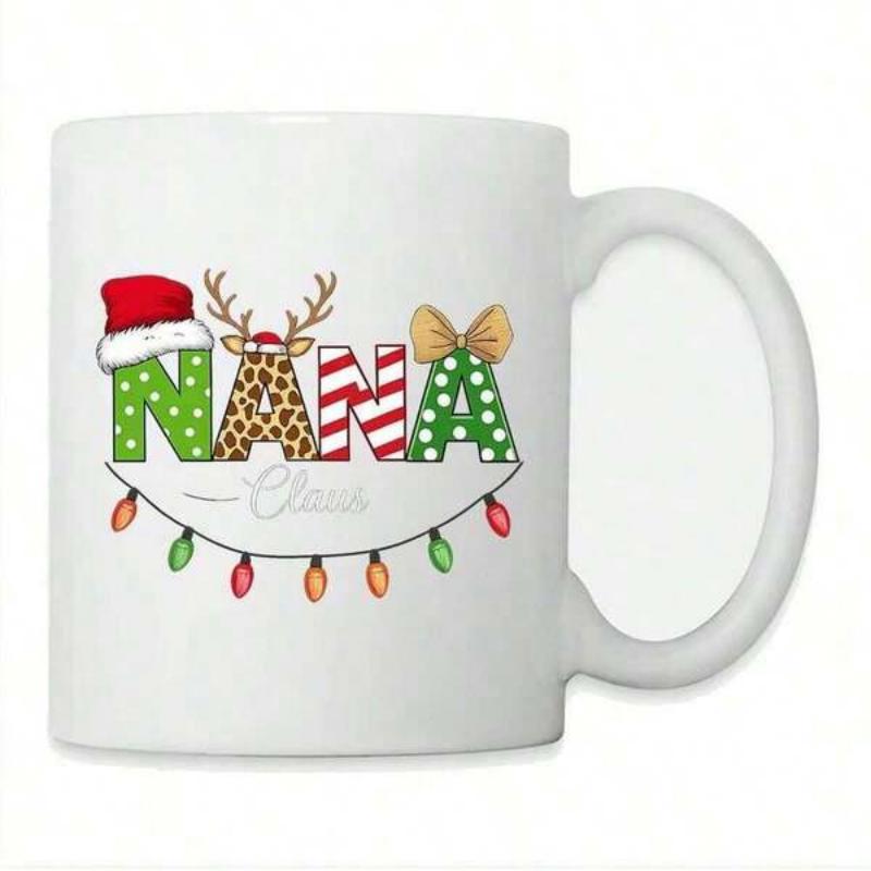 Tailorly White Ceramic 11 oz Mug - Nana Claus Festive Christmas Pattern With Santa Hat Antlers And Decorative Lights Mug