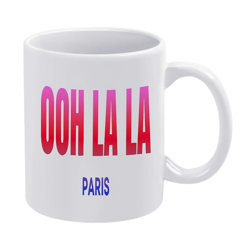 Tailorly White Ceramic 11 oz Mug - Ooh La La Paris Bold Pink Gradient Typography Featuring A Vibrant Blue City Name Mug