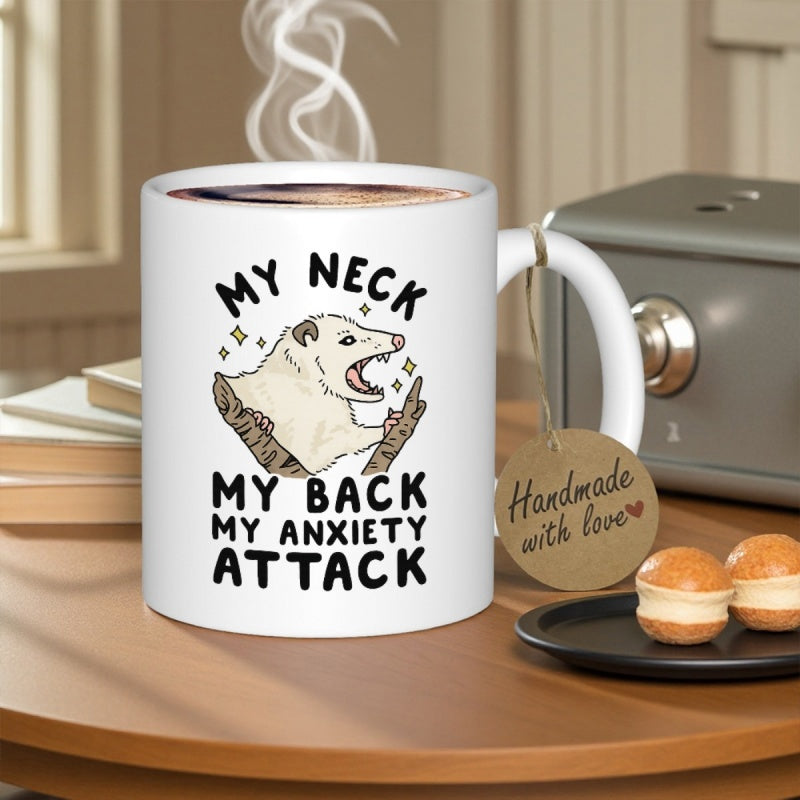 Tailorly White Ceramic 11 oz Mug - My Neck My Back My Anxiety Attack Screaming White Opossum Resting On A Branch Under Glowing Decorative Stars Opossum