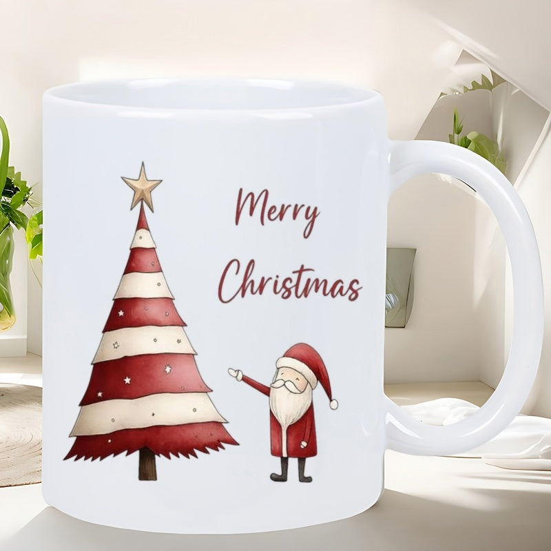 Tailorly White Ceramic 11 oz Mug - Merry Christmas Festive Striped Holiday Tree Standing Beside A Joyful Cartoon Santa Claus Tree