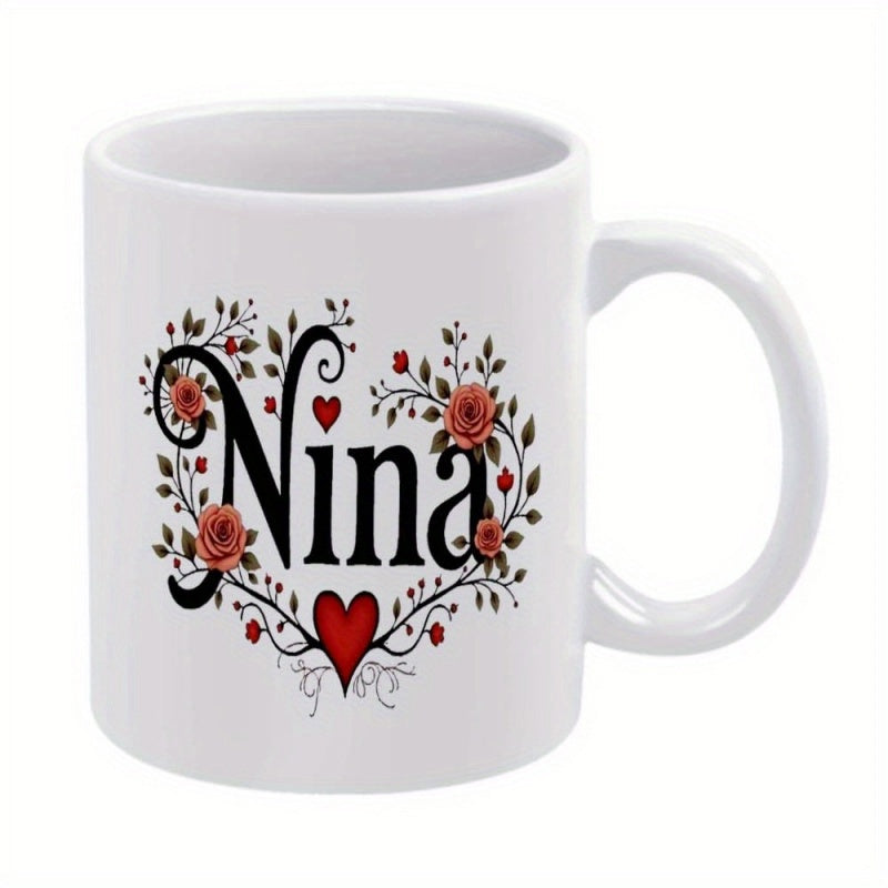 Tailorly White Ceramic 11 oz Mug - Nina Elegant Vintage Red Roses Among Green Leaves And Small Red Hearts Rose