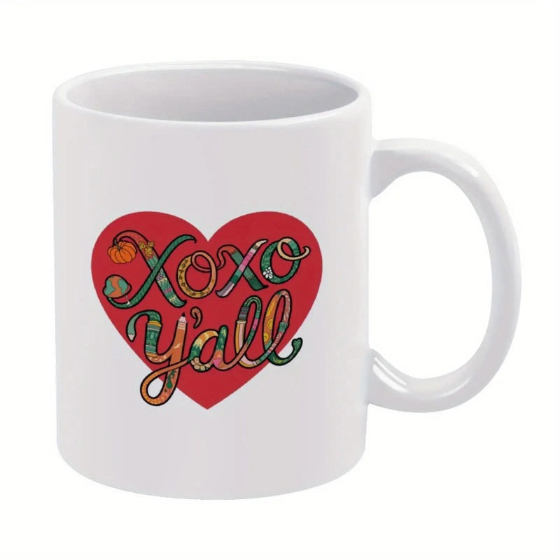 Tailorly White Ceramic 11 oz Mug - Xoxo Yall Vibrant Red Background With Patterned Script Text Inside A Large Heart