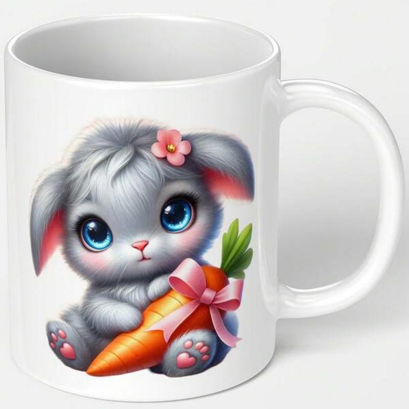 Tailorly White Ceramic 11 oz Mug - Adorable Fluffy Grey Rabbit With Large Blue Eyes Holding A Sweet Carrot Bunny