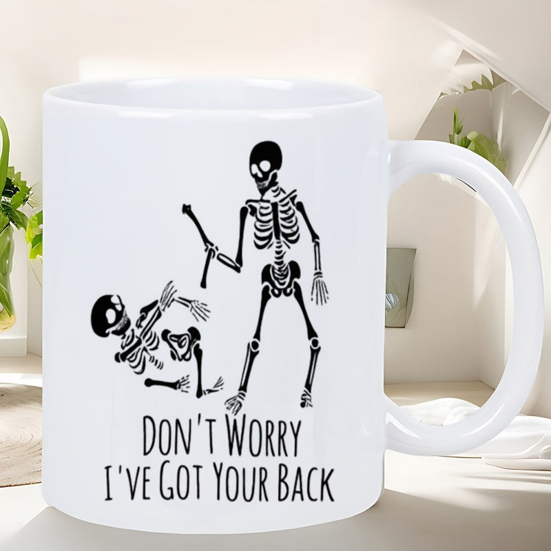 Tailorly White Ceramic 11 oz Mug - Don't Worry I've Got Your Back Funny Minimalist Black Ink Drawing Of Skeletons On White Background Skeleton