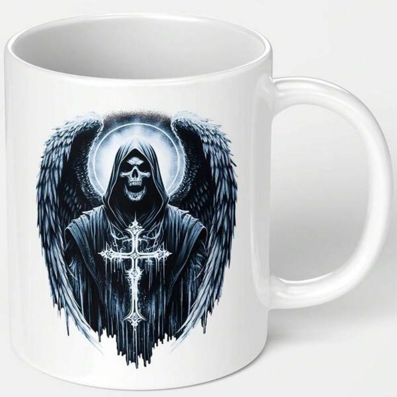 Tailorly White Ceramic 11 oz Mug - Dark Hooded Figure With Large Feathery Wings Holding Ornate Gothic Cross Grim Reaper