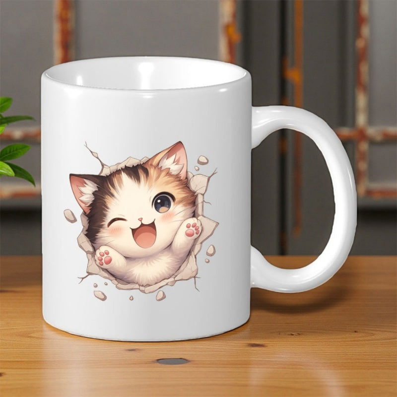 Tailorly White Ceramic 11 oz Mug - Adorable Winking Feline Bursting Through Torn Paper With A Joyful Small Kitten