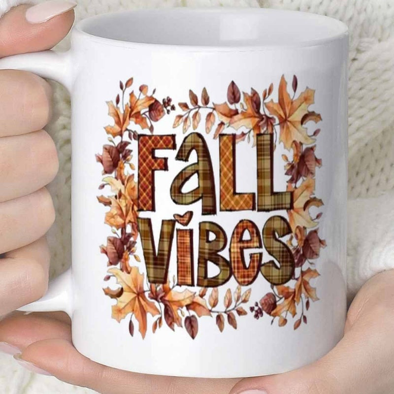 Tailorly White Ceramic 11 oz Mug - Fall Vibes Colorful Autumn Leaves Circularly Arranged Around Decorative Checkered Plaid Mug