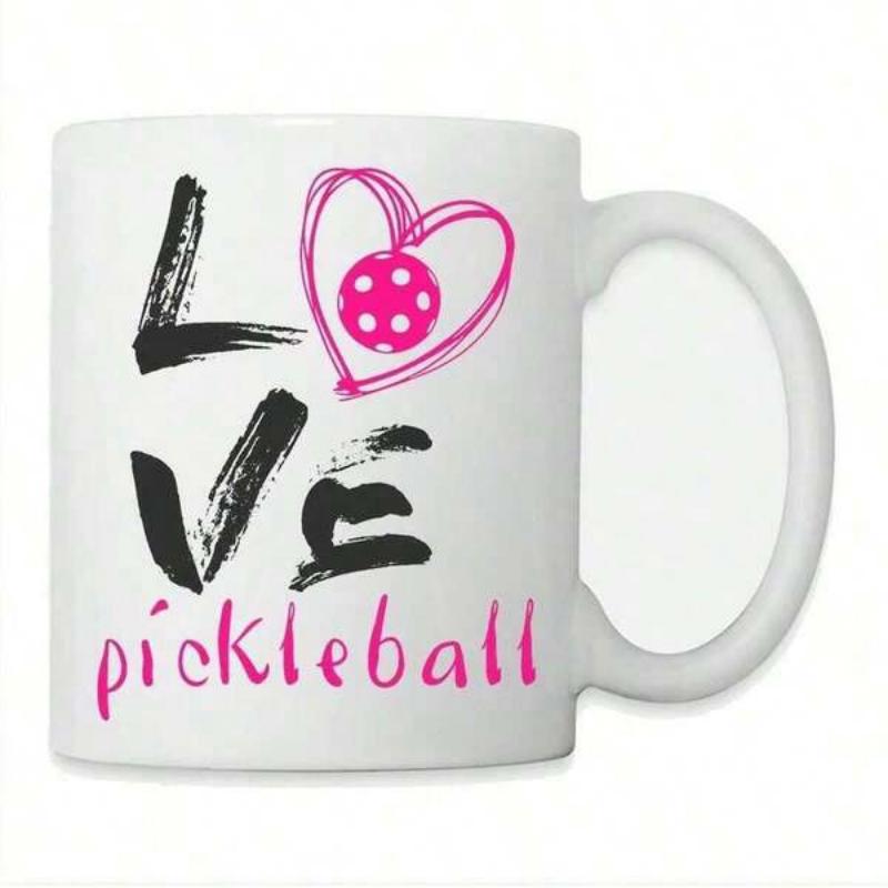 Tailorly White Ceramic 11 oz Mug - Love Pickleball Vibrant Pink Scribbled Perforated Ball Among Brushstroke Artistic Heart