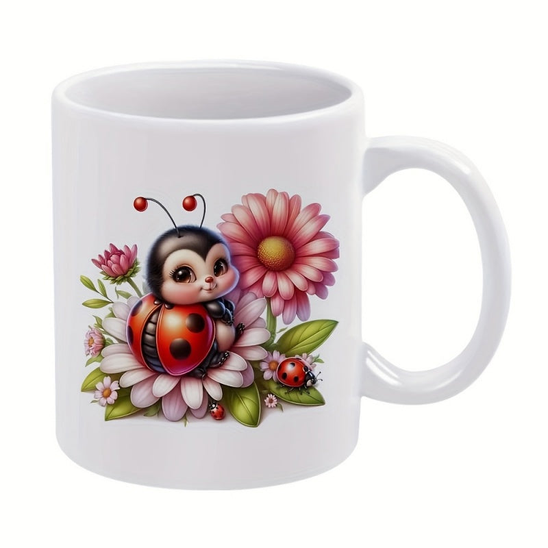 Tailorly White Ceramic 11 oz Mug - Adorable Cartoon Character Resting On Pink Daisy Flowers Among Green Leaves Ladybug