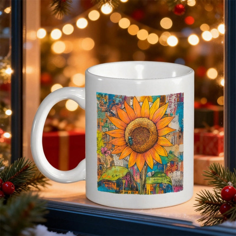 Tailorly White Ceramic 11 oz Mug - Vibrant Artistic Illustration Blooming Over A Colorful Abstract Background Sunflower