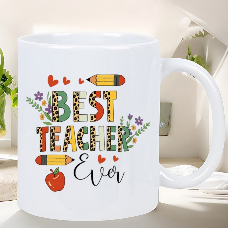 Tailorly White Ceramic 11 oz Mug - Best Teacher Ever Vibrant School Themed Elements With Leopard Pattern Text And Ripe Red Apple Mug
