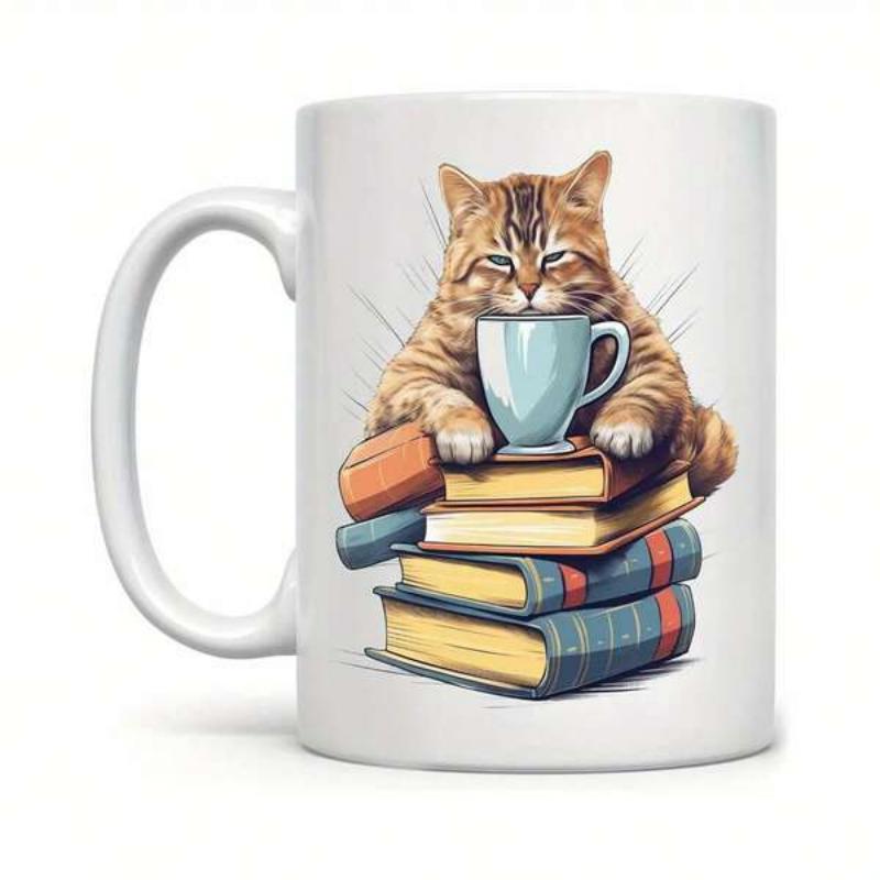 Tailorly White Ceramic 11 oz Mug - Cozy Orange Tabby Resting Comfortably Atop A Colorful Stack Of Books Cat