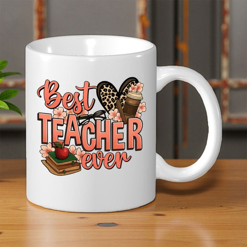 Tailorly White Ceramic 11 oz Mug - Best Teacher Ever Leopard Print Heart With School Books And Red Apple Coffee Mug