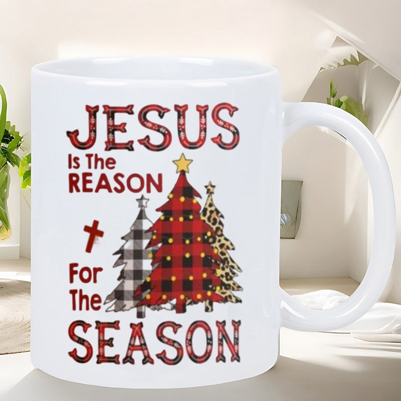 Tailorly White Ceramic 11 oz Mug - Jesus Is The Reason For The Season Festive Trees With Buffalo Plaid Leopard Print And Shining Golden Stars Tree