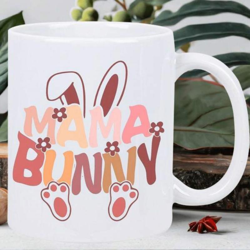 Tailorly White Ceramic 11 oz Mug - Mama Bunny Retro Style Colorful Letters With Cute Floral Ears And Paws Bunny