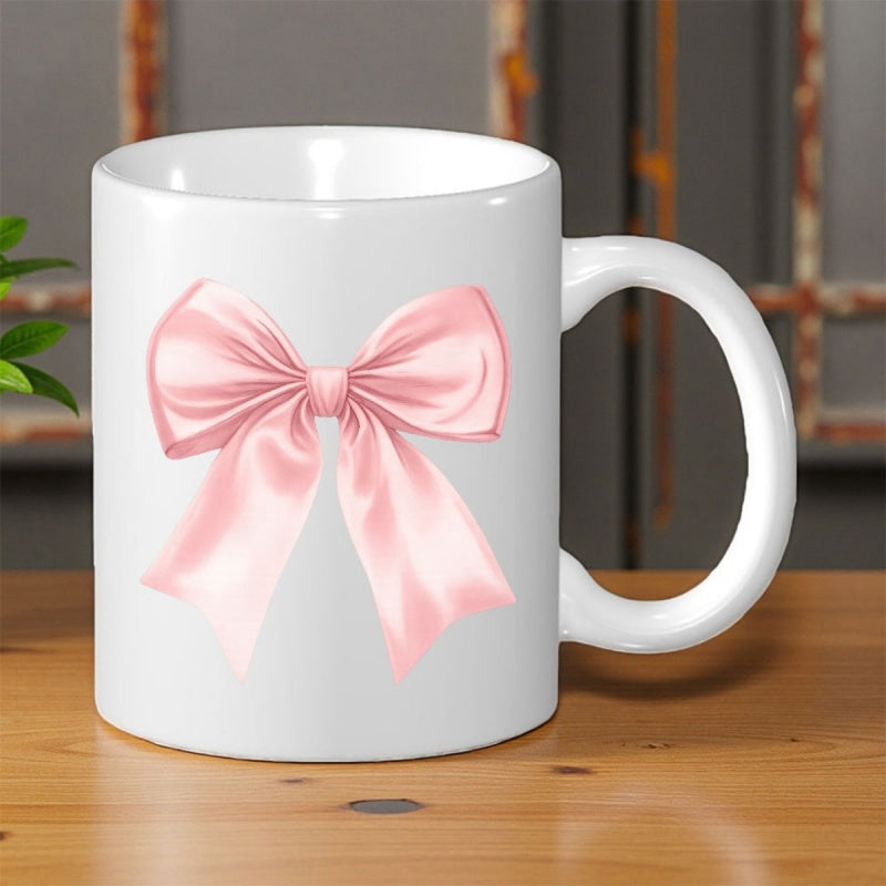 Tailorly White Ceramic 11 oz Mug - Elegant Soft Pink Silk Ribbon Knotted In A Beautiful Decorative Bow