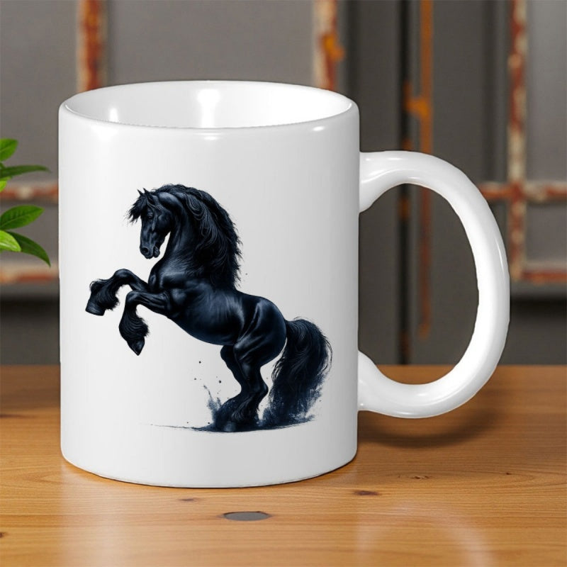 Tailorly White Ceramic 11 oz Mug - Majestic Black Stallion Rearing Up With Flowing Mane And Detailed Tail Horse