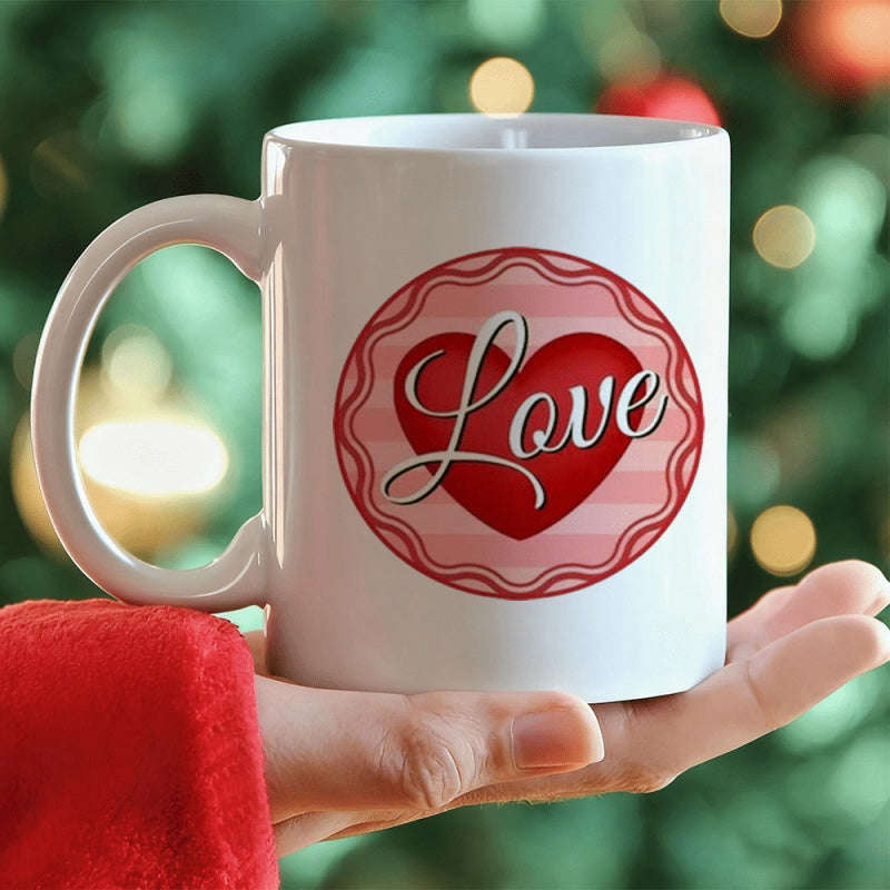 Tailorly White Ceramic 11 oz Mug - Love Romantic Red Heart Centered Within Decorative Pink Circular Frame Patterned Background Heart