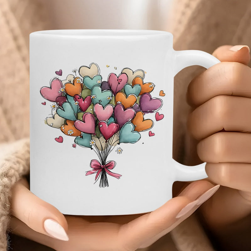 Tailorly White Ceramic 11 oz Mug - Colorful Pastel Heart Shaped Balloons Arranged In A Beautiful Tied Ribbon Bouquet