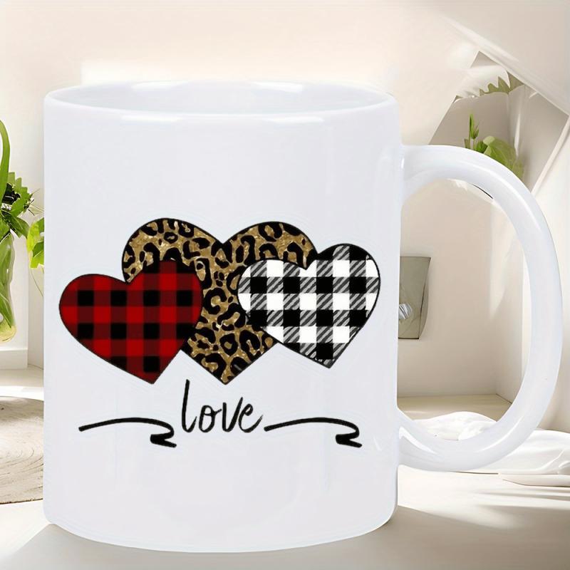 Tailorly White Ceramic 11 oz Mug - Love Three Patterned Hearts Featuring Leopard Print And Plaid Textures With Script Heart