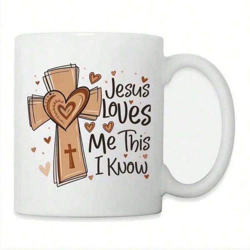 Tailorly White Ceramic 11 oz Mug - Jesus Loves Me This I Know Stylized Wooden Textured Cross Decorated With Many Small Hearts Cross