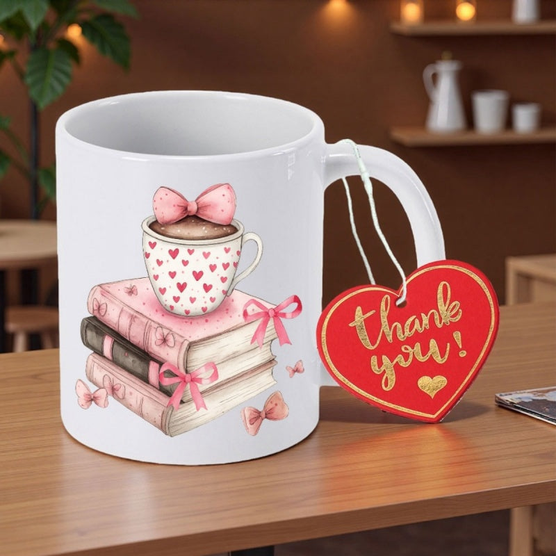 Tailorly White Ceramic 11 oz Mug - Thank You Stacked Pink Pastel Books Decorated With Bows And A Heart Cup Book