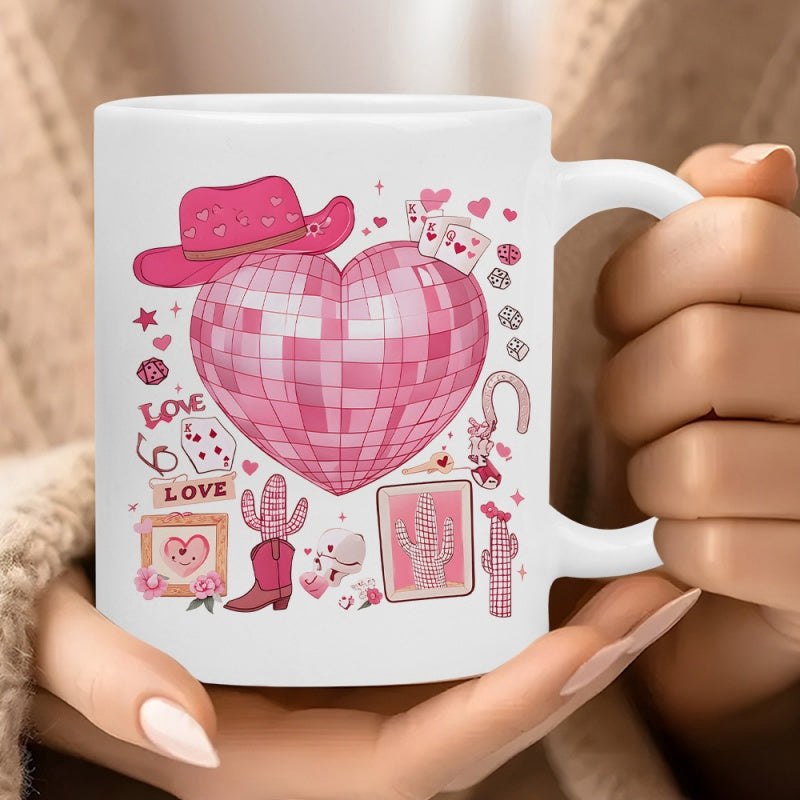 Tailorly White Ceramic 11 oz Mug - Love Sparkling Pink Retro Cowgirl Elements Surrounding A Festive Disco Ball Heart