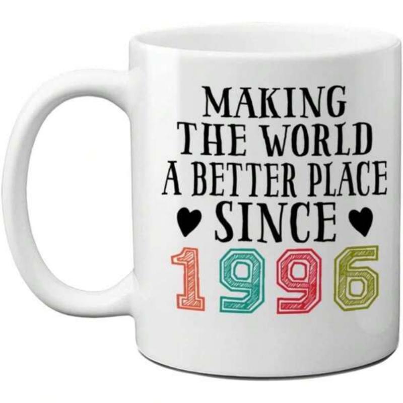 Tailorly White Ceramic 11 oz Mug - Making The World A Better Place Since 1996 Simple Black Hearts And Distressed Colorful Numbers On A Minimalist Ceramic Mug
