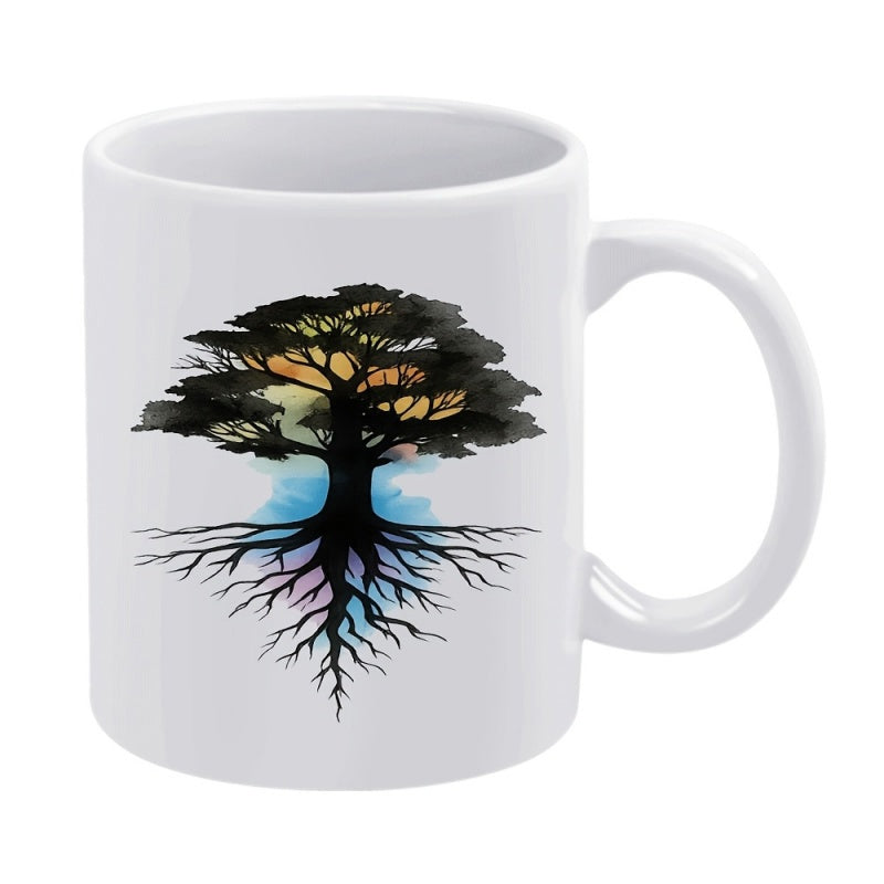 Tailorly White Ceramic 11 oz Mug - Intricate Tree Roots With Vibrant Watercolor Splashes In Silhouette Style Tree