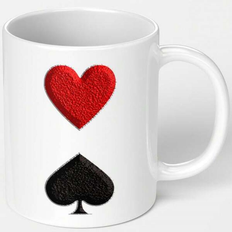 Tailorly White Ceramic 11 oz Mug - Vibrant Textured Red Heart Above Bold Black Playing Card Suit Spade
