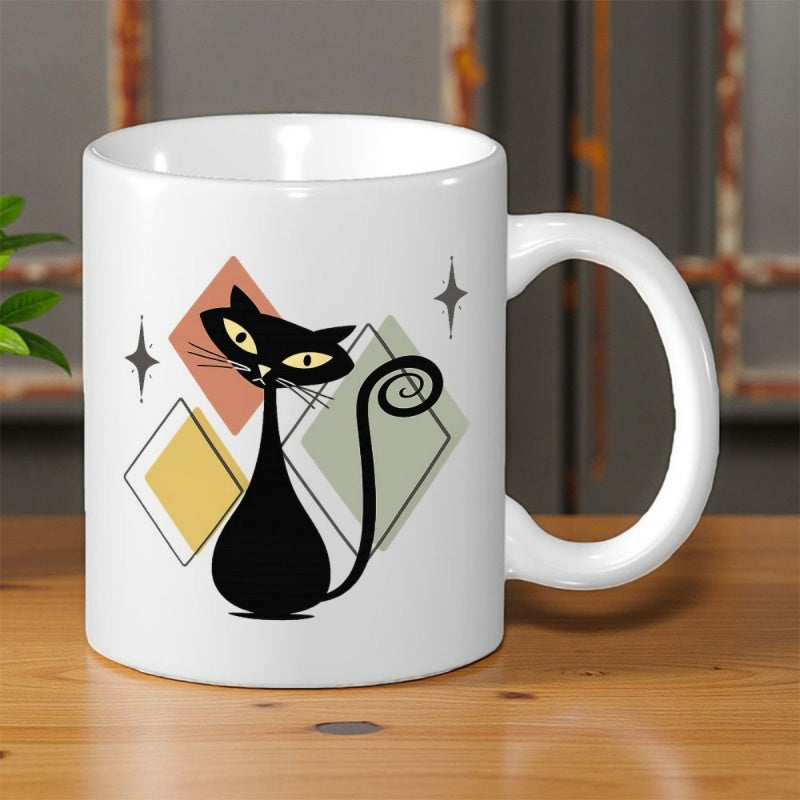 Tailorly White Ceramic 11 oz Mug - Mid Century Modern Retro Colorful Diamond Shapes And Stars Black Stylized Cat