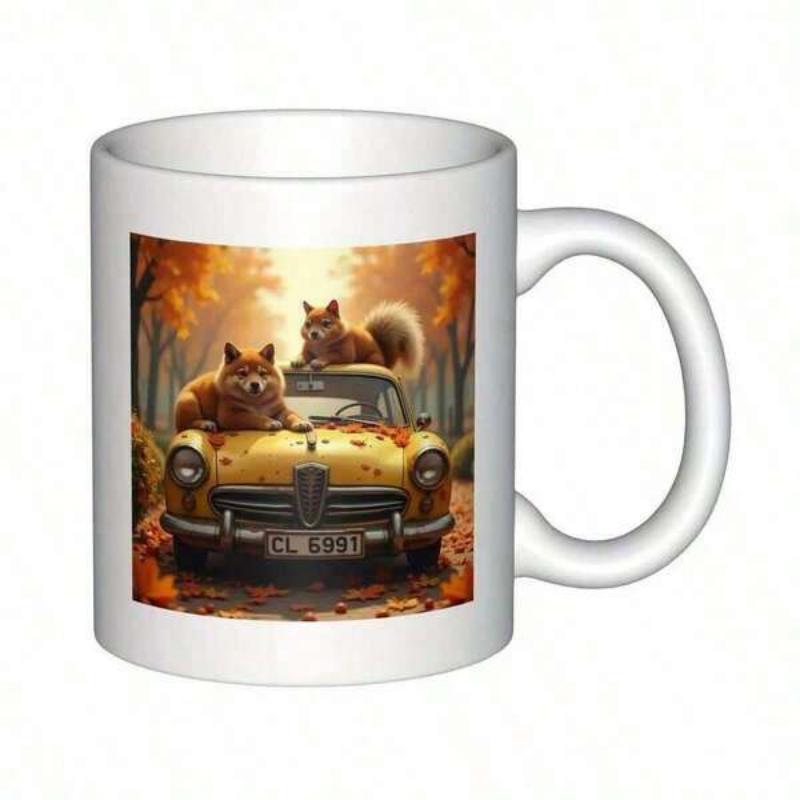 Tailorly White Ceramic 11 oz Mug - Cute Red Pandas Resting On A Vintage Yellow Vehicle In Autumn Car