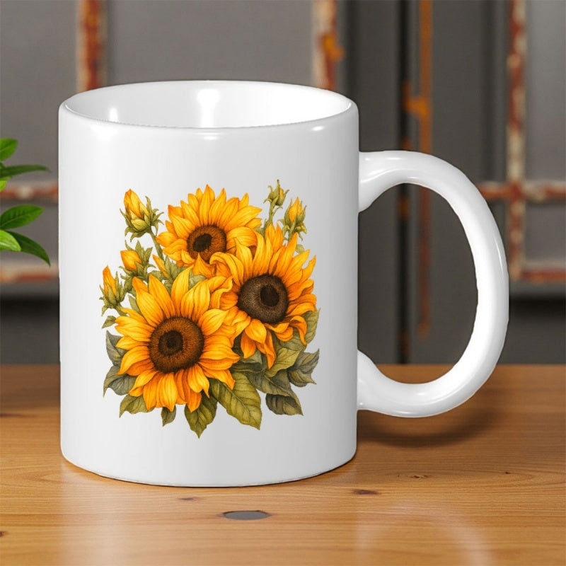 Tailorly White Ceramic 11 oz Mug - Vibrant Yellow Petals With Green Leaves Under Warm Summer Sunlight Sunflower