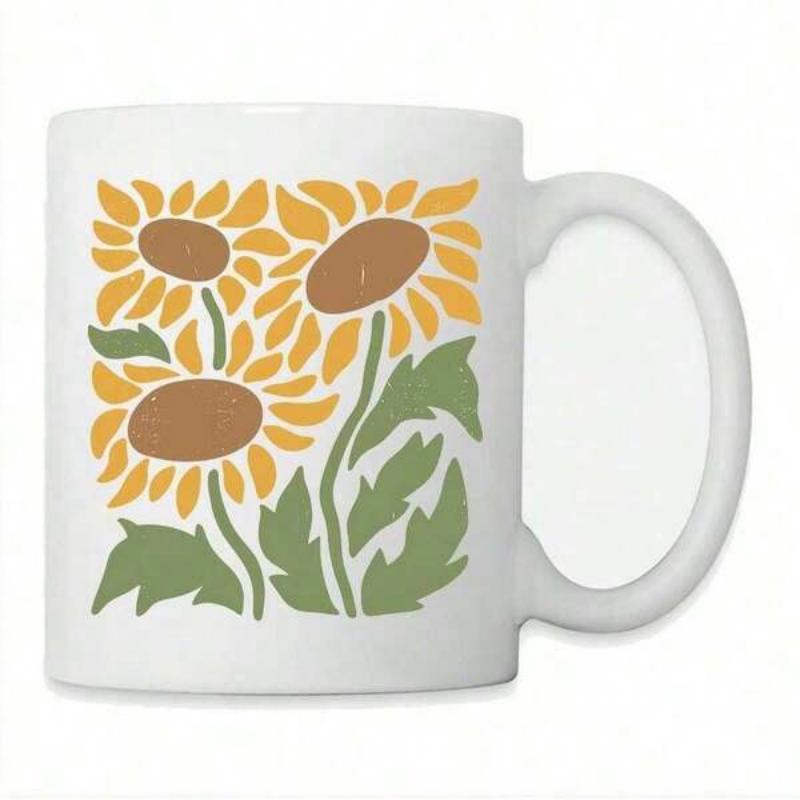 Tailorly White Ceramic 11 oz Mug - Artistic Hand Drawn Sunflowers Blooming With Green Leaves Among Field Flowers Sunflower