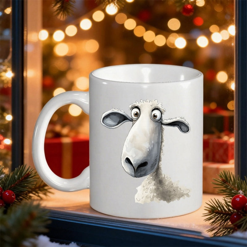 Tailorly White Ceramic 11 oz Mug - Funny Cartoon Animal With Big Eyes And Fluffy White Wool Sheep
