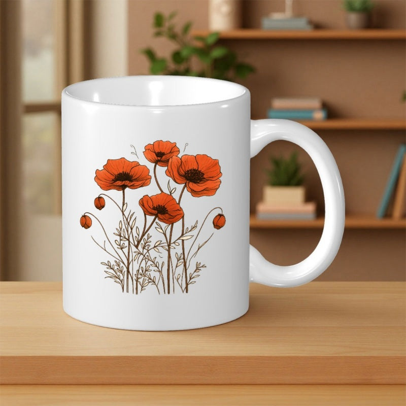 Tailorly White Ceramic 11 oz Mug - Elegant Orange Blooming Flowers With Delicate Detailed Stems And Wild Buds Poppy