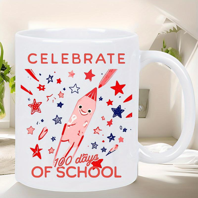 Tailorly White Ceramic 11 oz Mug - Celebrate 100 Days Of School Cute Smiling Pencil Rocket Flying Amidst Red And Blue Stars Rocket