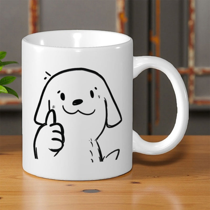 Tailorly White Ceramic 11 oz Mug - Minimalist Hand Drawn Black Line Art Sketch Giving A Thumbs Up Dog