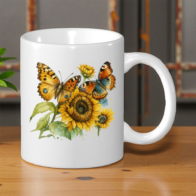 Tailorly White Ceramic 11 oz Mug - Beautiful Colorful Butterflies Resting On Vibrant Golden Blooming Summer Sunflowers Butterfly