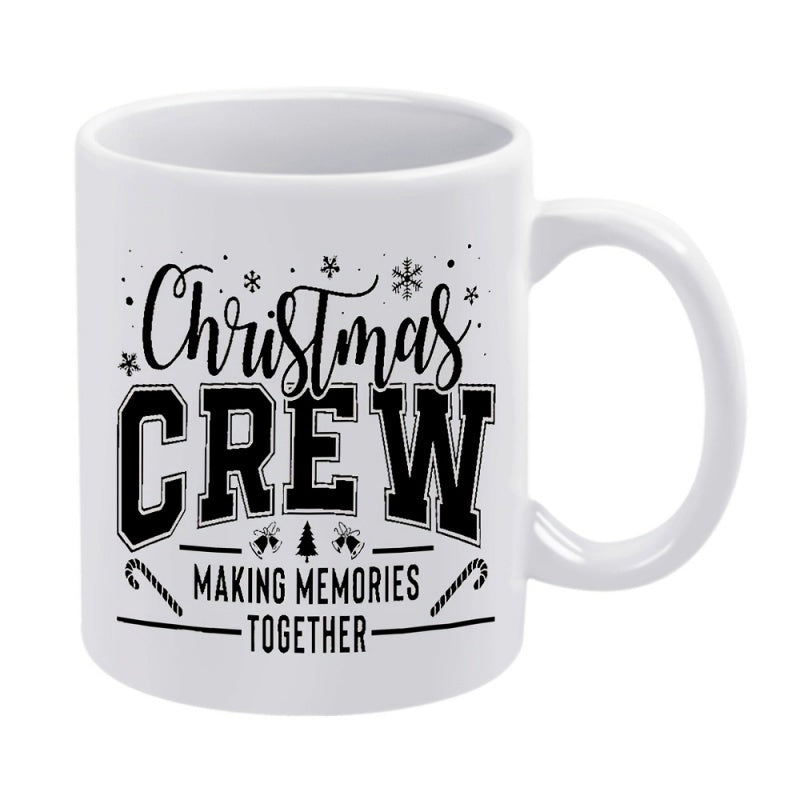 Tailorly White Ceramic 11 oz Mug - Christmas Crew Making Memories Together Festive Holiday Symbols With Delicate Snowflakes And Small Evergreen Pine Mug