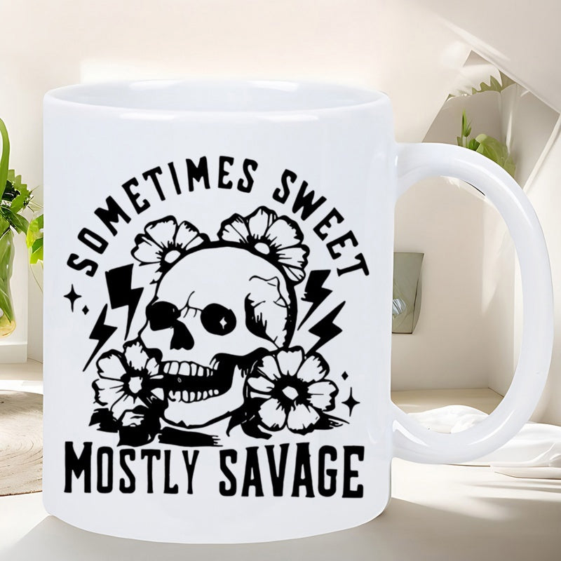 Tailorly White Ceramic 11 oz Mug - Sometimes Sweet Mostly Savage Distressed Black Pattern With Blooming Flowers And Lightning Bolts Skull