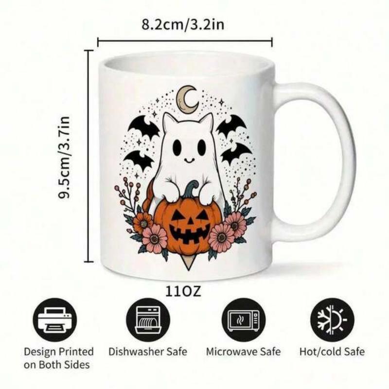 Tailorly White Ceramic 11 oz Mug - Adorable Ghost Cat Holding A Carved Jack O Lantern Among Flowers Ghost Cat
