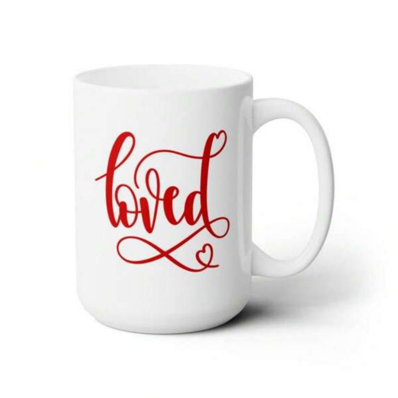 Tailorly White Ceramic 11 oz Mug - Loved Red Artistic Cursive Script With Elegant Swirls And Small Decorative Heart