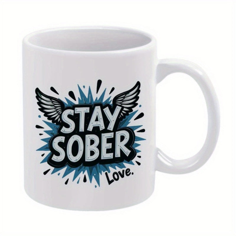 Tailorly White Ceramic 11 oz Mug - Stay Sober Love Vibrant Blue Burst With Artistic Wings And Bold Stylized Motivational Text Mug