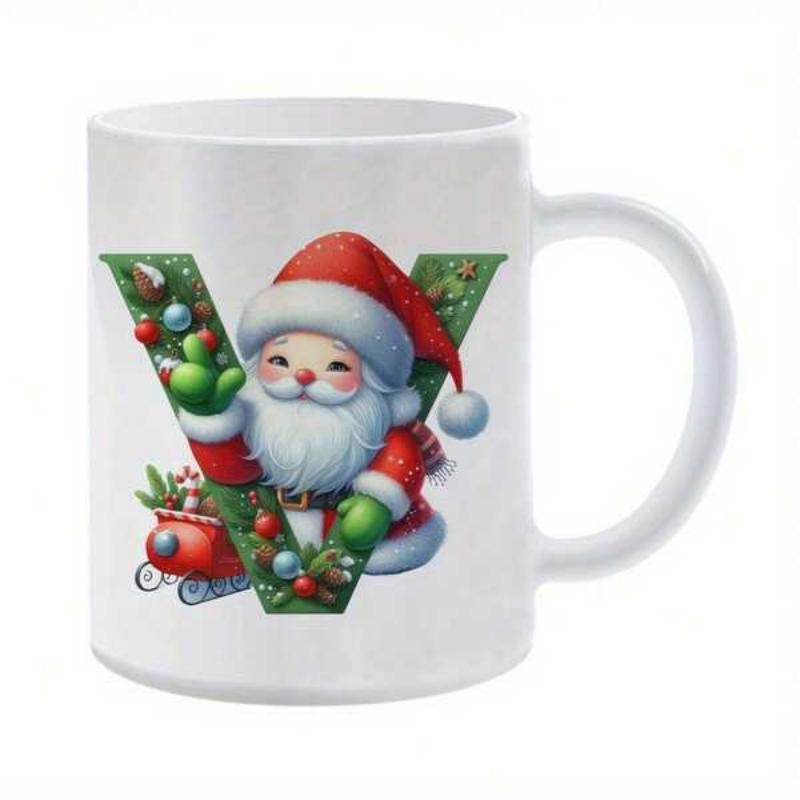 Tailorly White Ceramic 11 oz Mug - V Jolly Santa Claus Wearing Red Hat Among Festive Green Letter Ornaments Santa