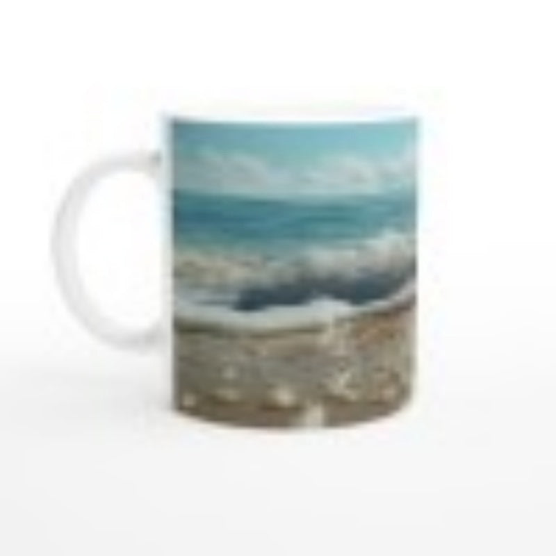 Tailorly White Ceramic 11 oz Mug - Crashing Blue Waves On A Sandy Shore Under A Cloudy Summer Sky Ocean