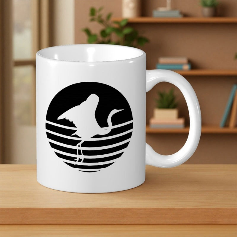 Tailorly White Ceramic 11 oz Mug - Minimalist Black Silhouette Of A Graceful Crane Standing Before Striped Sun Crane