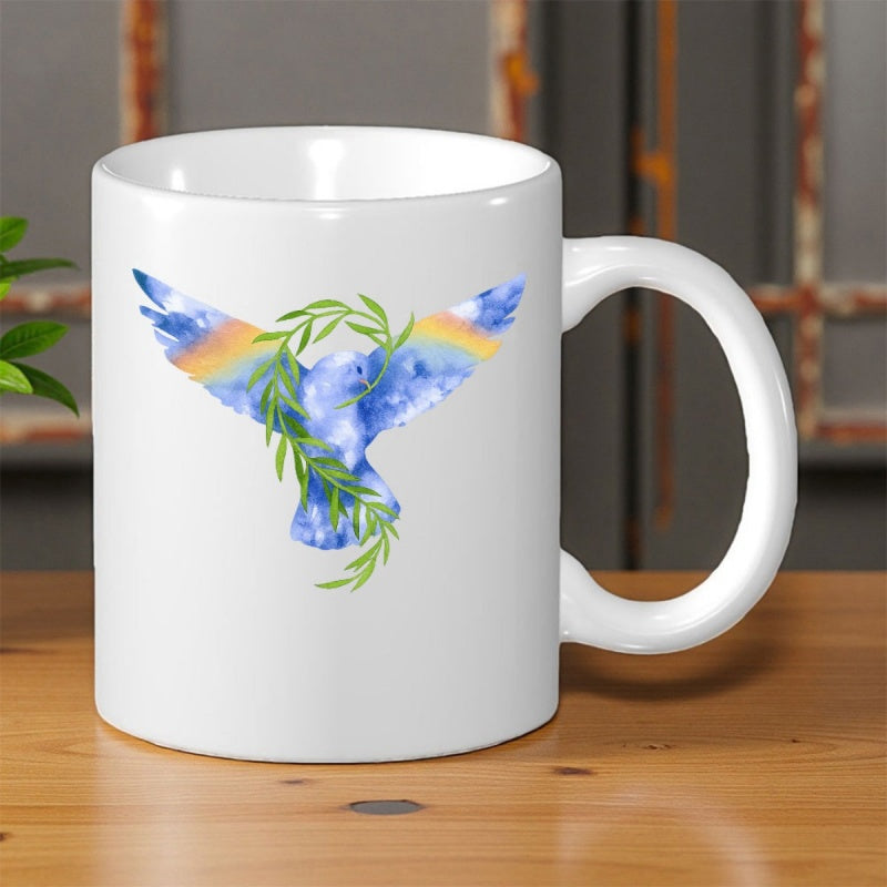 Tailorly White Ceramic 11 oz Mug - Watercolor Textured Silhouette Of Dove Peacefully Flying Among Green Olive Leaves Bird