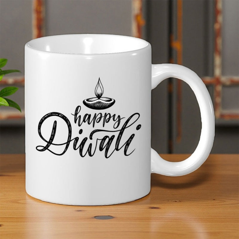 Tailorly White Ceramic 11 oz Mug - Happy Diwali Traditional Stylized Oil Lamp With Glowing Flame Above Elegant Script Calligraphy Diya